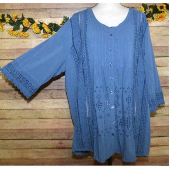 Roaman's Women's 28W Blue Eyelet Blouse Tunic Top Button Front 3/4 Sleeve Comfy - Picture 7 of 14